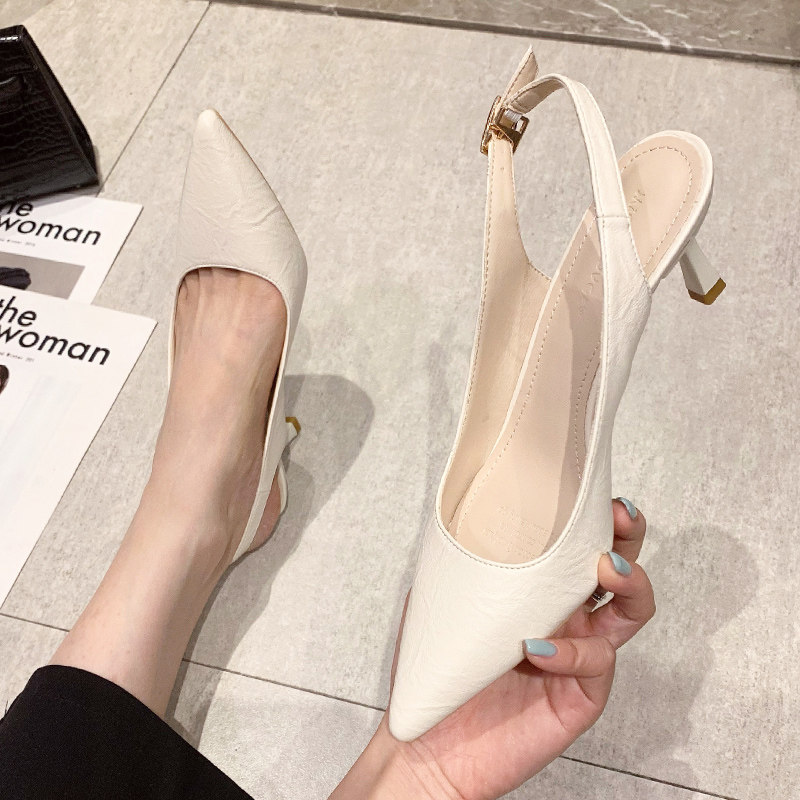 尖头后空凉鞋女春夏中跟2023年新款白色包头法式小职业高跟鞋细跟