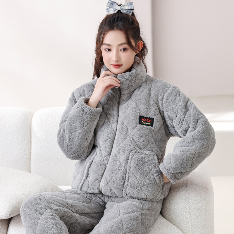 冬天睡衣女秋冬三层加厚夹棉长裤睡衣保暖棉袄加绒加厚家居服套装