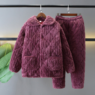 三层夹棉加厚奶奶女士家居服女装 秋冬季 中老年人珊瑚绒睡衣妈妈装