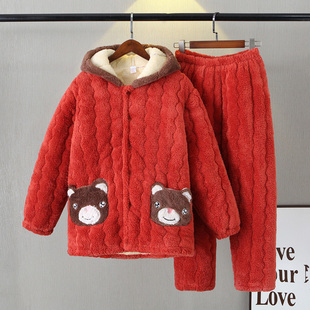 秋冬季三层夹棉加厚加绒款中长款睡袍女珊瑚绒家居服拉链立领套装