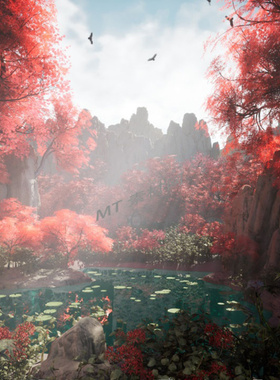 UE5.1虚幻5.1中式风古风红色枫叶竹林瀑布湖泊游戏场景环境Plants