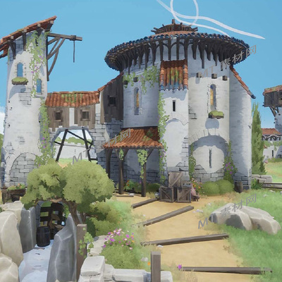 优三缔卡通风格化中世纪村庄风车