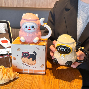 生日礼物可爱猫咪陶瓷杯情侣一对马克杯高颜值办公室带盖勺咖啡杯