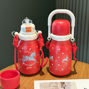 新款马年保温杯316不锈钢女生高颜值双饮吸管杯高档精致新年礼物