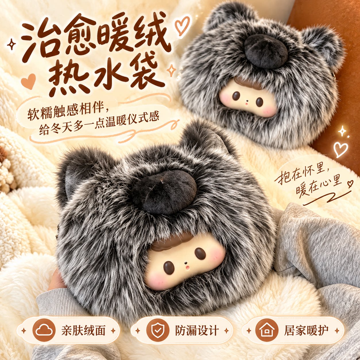 妙妙屋秋冬治愈系热水袋毛绒防爆充电款宿舍暖手宝送女友暖心礼物