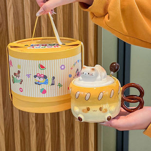 可爱猫咪陶瓷杯软萌治愈系女生马克杯高颜值带盖勺水杯子生日礼物