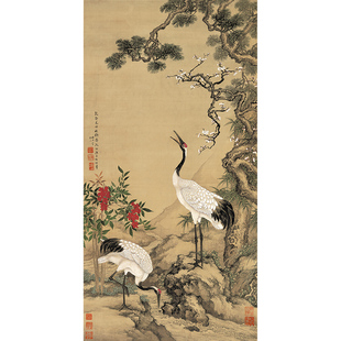 沈铨松梅双鹤图 贺寿祝寿松树梅花国画高清中式装饰古画画芯