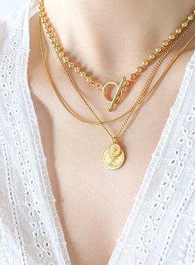 钛钢保色三层人像链子项链小众设计感女王铭牌吊坠嘻哈锁骨链配饰