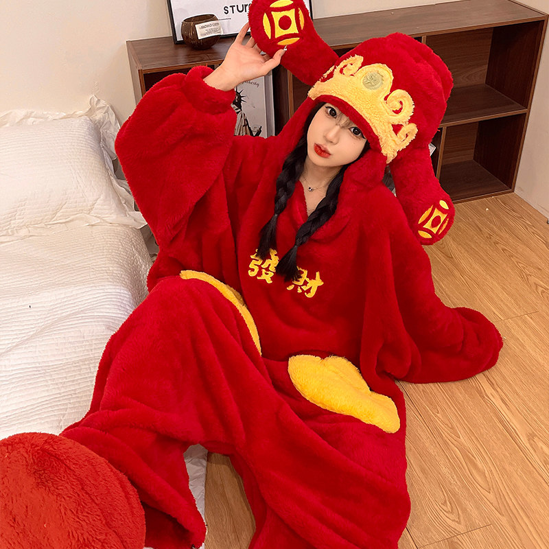 秋冬季连体睡衣女款珊瑚绒红色喜庆财神爷睡衣情侣加厚大码家居服