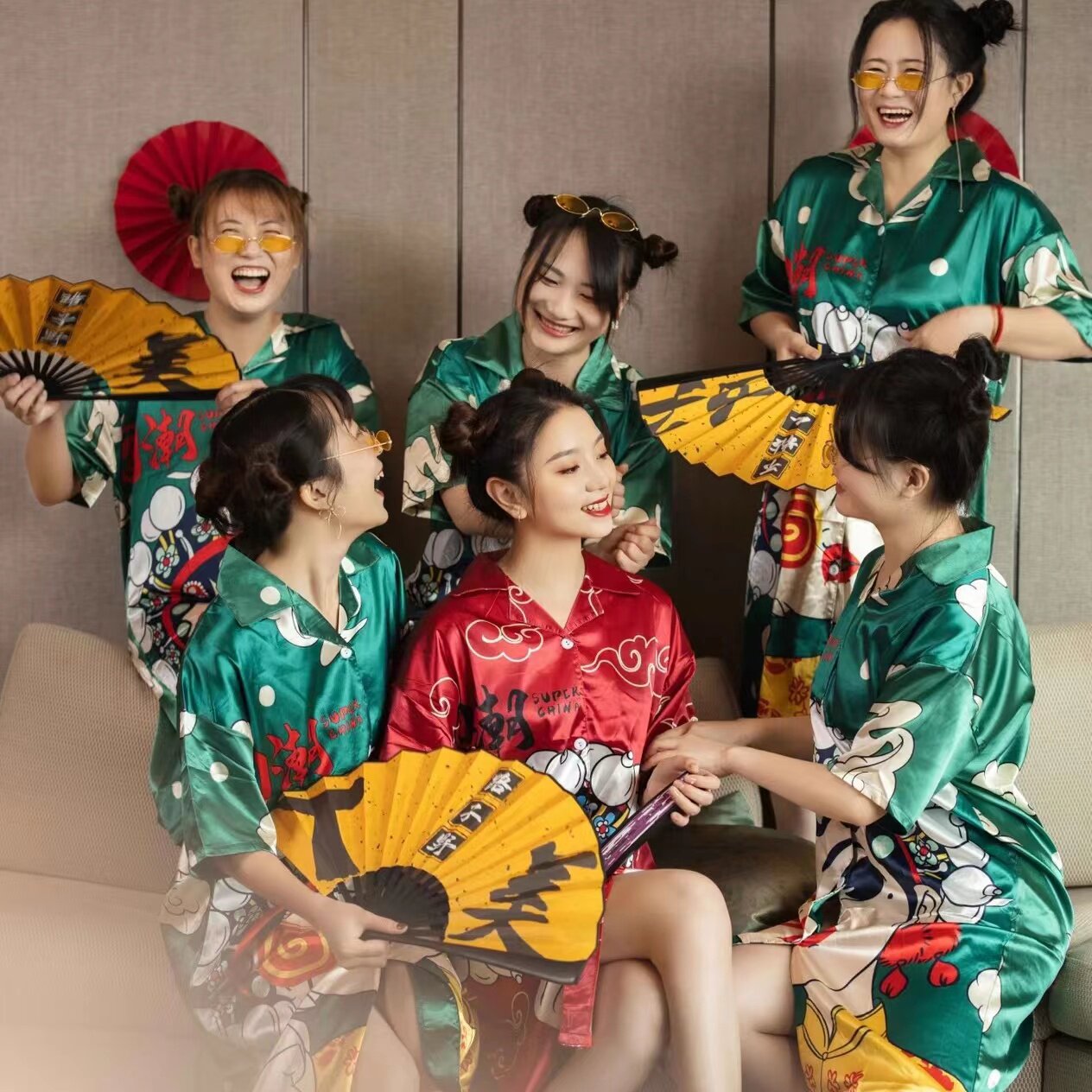 睡衣女冰丝短袖睡裙国潮中国风个性复古闺蜜装晨袍伴娘装睡衣趴夏