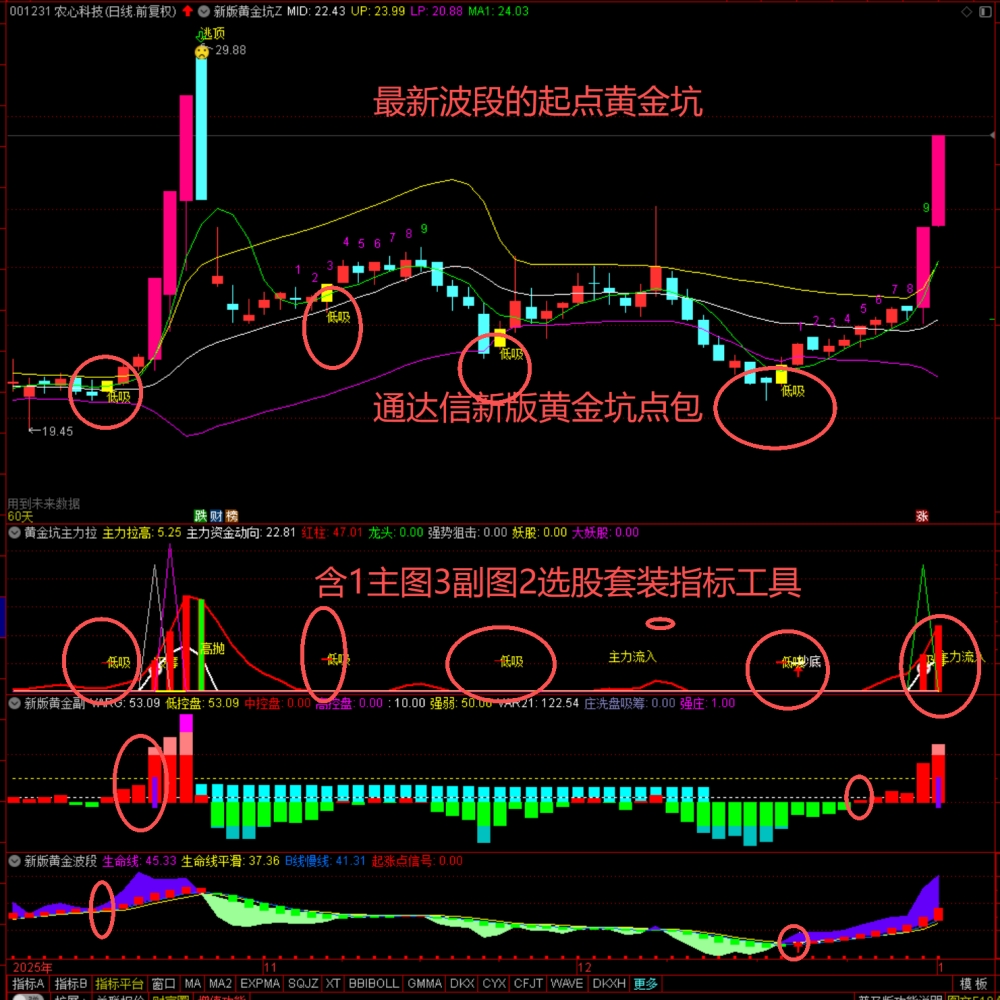 最新波段的起点黄金坑通达信新版黄金坑含1主3副2选套装指标工具 - 实物图