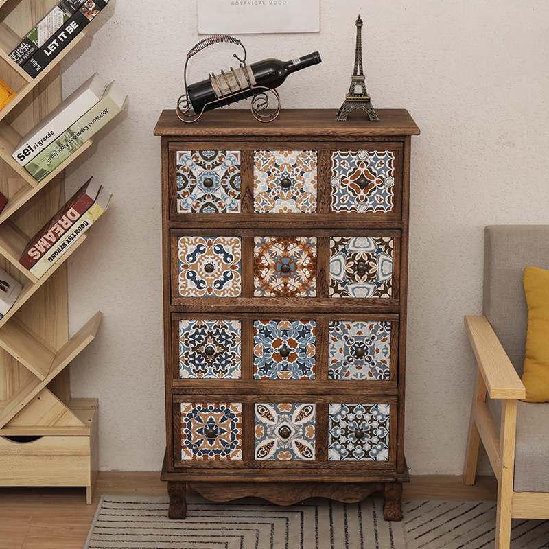 彩绘斗柜复古实木卧室收纳柜美式黑胡桃色家用客厅木质储物柜