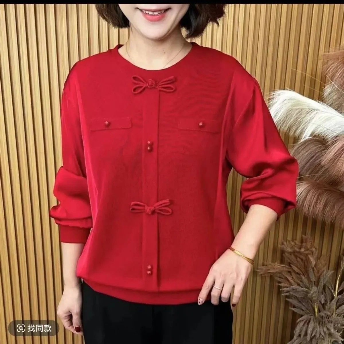 2025春款圆领假两件小衫打底中老年女装