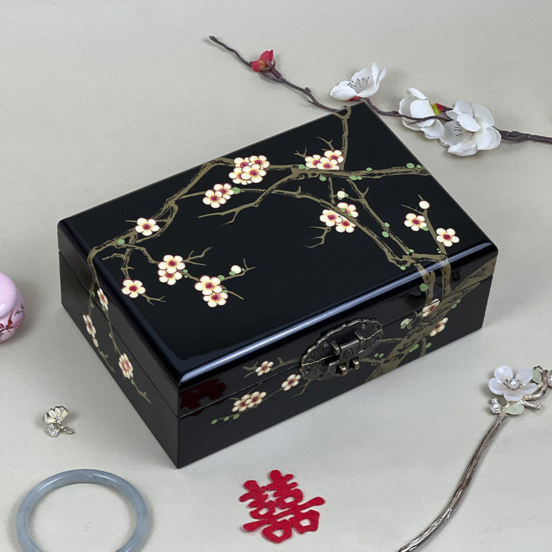 精致仿古梅花饰品盒妆奁中国风平遥非遗推光漆器首饰盒手推漆送礼