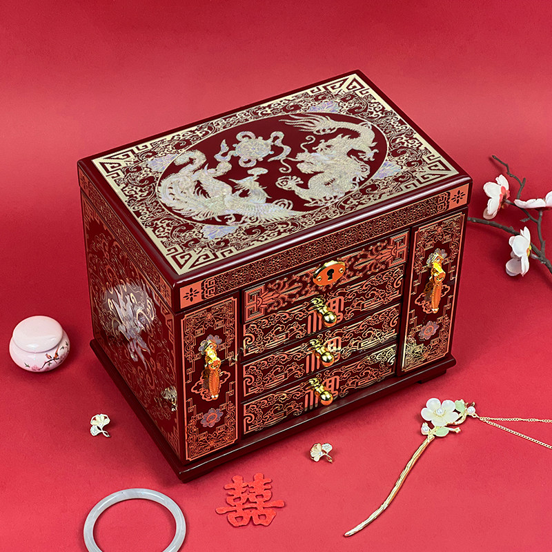 平遥漆器首饰盒螺钿镶嵌贝壳珠宝饰品收纳盒三金高档中国风陪嫁盒