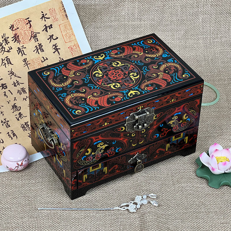 复古汉纹首饰盒仿古中国风收纳盒平遥漆器多层木质妆奁珠盒梳妆盒,特色手工艺,漆器,淘宝优惠券,粉丝福利购,淘宝优惠卷