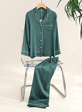 女士祖母绿色天丝睡衣女春夏季长袖薄款套装轻奢小众情侣款家居服