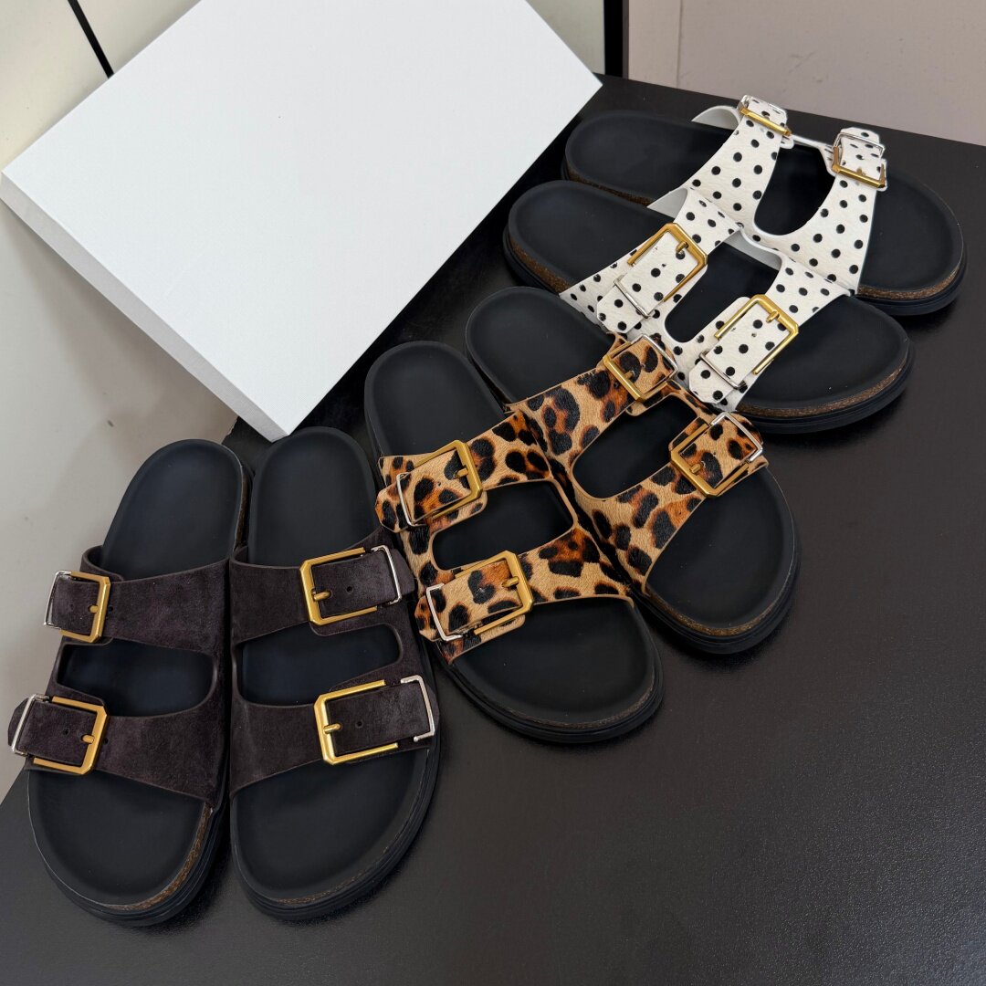 欧美真皮豹纹马毛厚底勃肯拖鞋牛反绒金属扣外穿百搭休闲凉拖鞋女