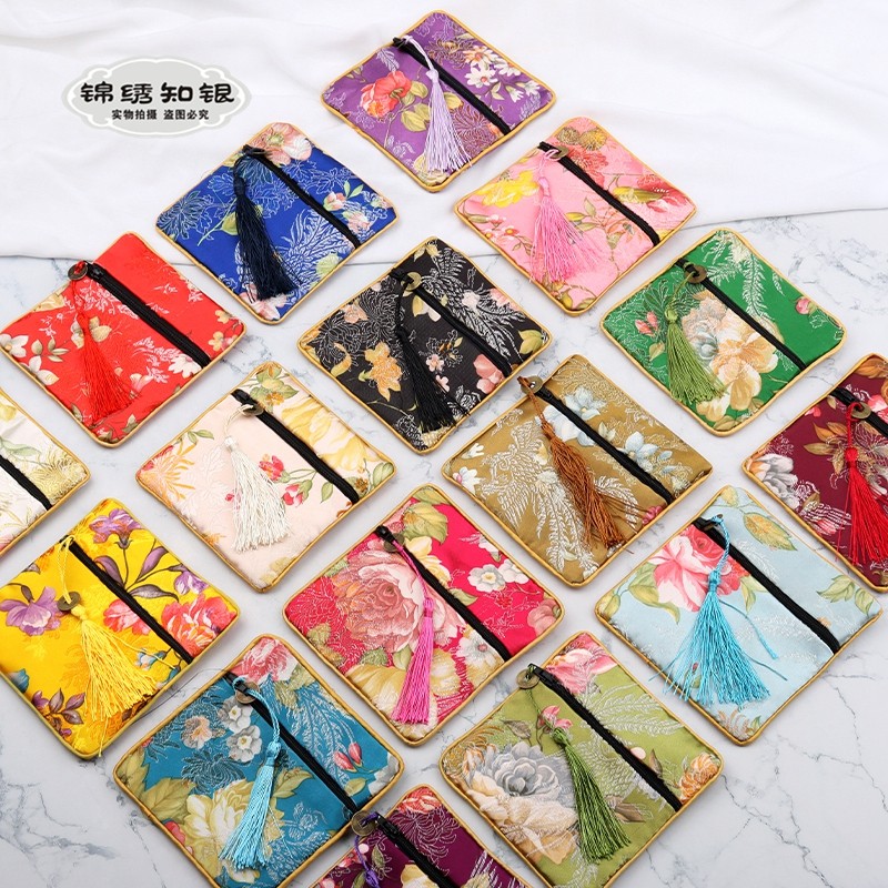 印花四方拉链包首饰袋文玩饰品收纳包复古方形锦囊缎面流苏包国潮