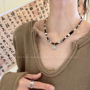 原创～复古纯银醒狮吊坠情侣项链天然石串珠锁骨颈链女好寓意礼物