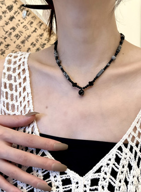 黑玛瑙天然石串珠新中式水墨项链