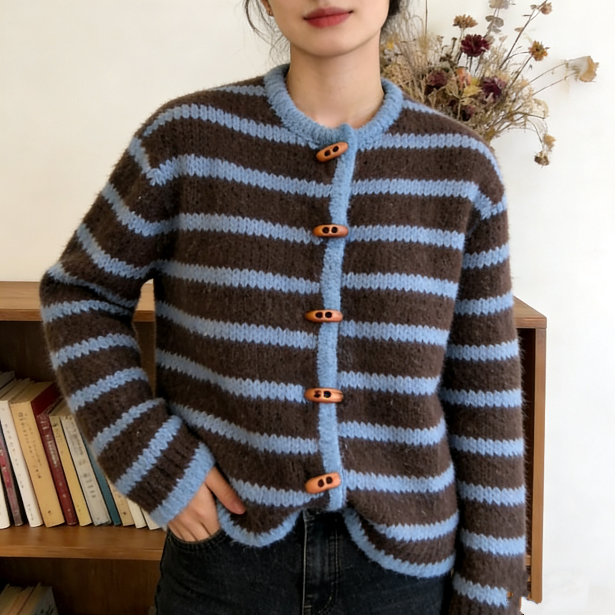 日系拼色条纹牛角扣毛衣外套女秋冬甜美减龄宽松百搭针织开衫外搭,女装/女士精品,羊绒衫,淘宝优惠券,粉丝福利购,淘宝优惠卷