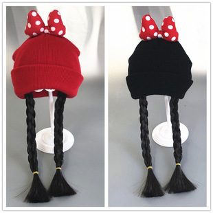 韩版秋冬护耳保暖套头帽女童大米奇假发辫子公主洋气帽子1-2岁潮