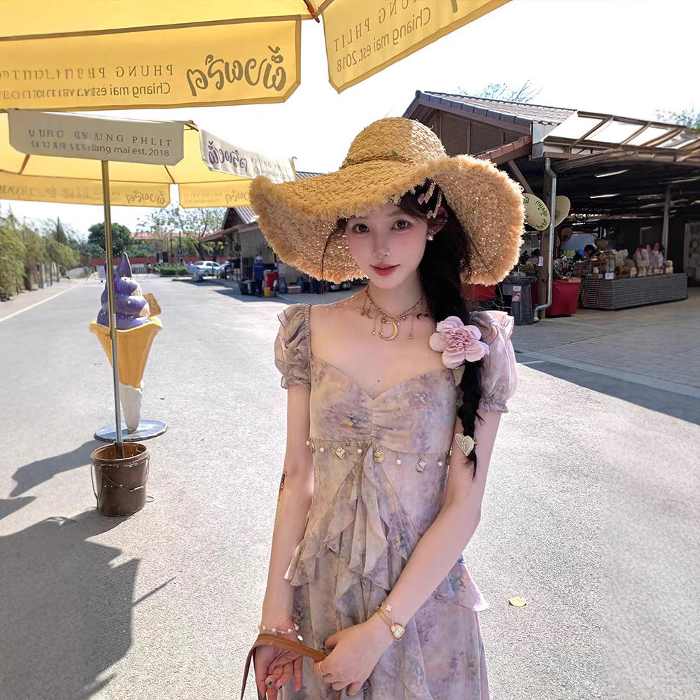 超仙气质晕染公主裙夏季旅游度假拍照巨美显瘦荷叶边碎花连衣裙子