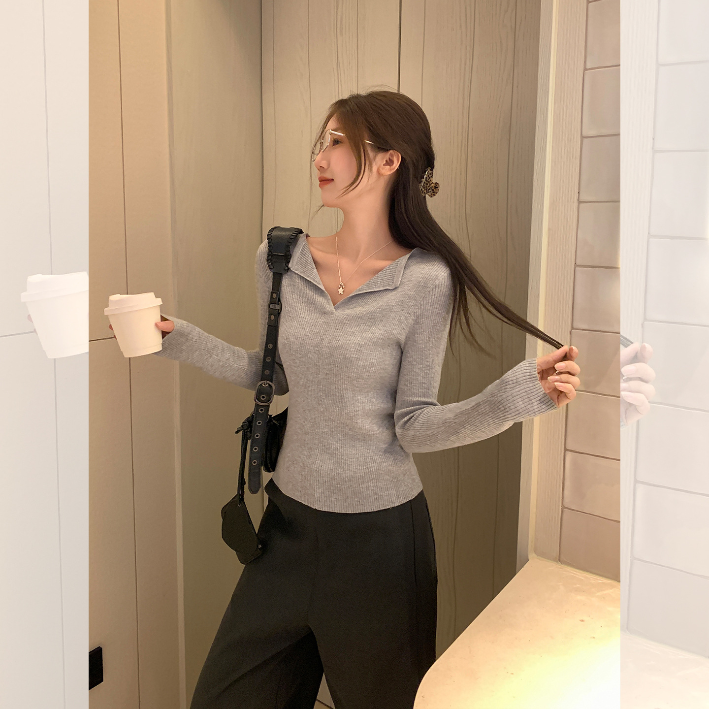 浅花灰半开领正肩针织打