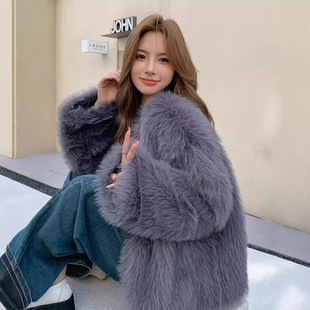 2024秋冬灰色托卡狐狸毛皮草毛毛外套双排扣女装大码宽松毛绒衣服
