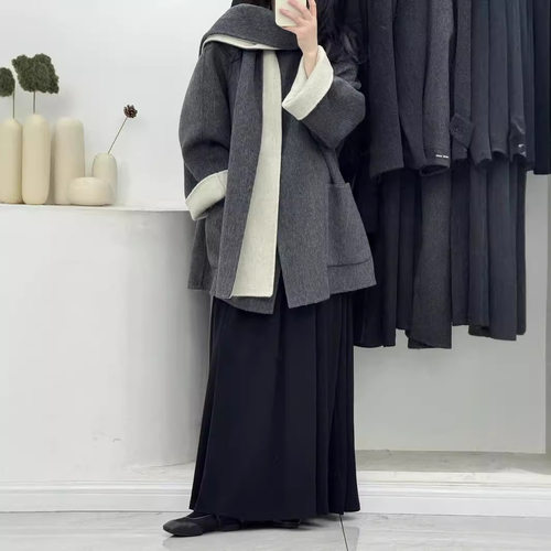 双面双色带围巾双面羊毛大衣中长款宽松大版加肥加厚保暖羊绒外套