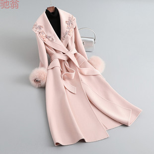 T8Y双面羊绒大衣女高级感狐狸毛领重工水钻羊毛呢皮草外套中长款