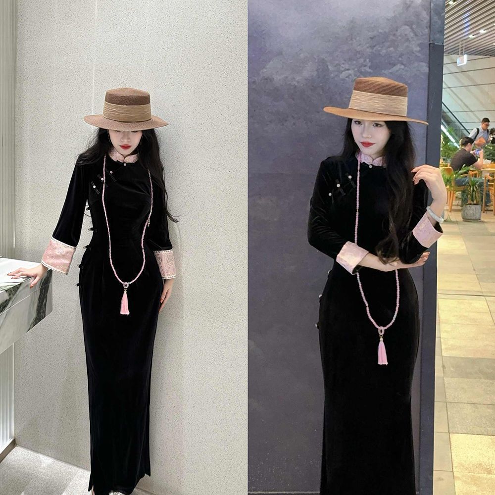 新中式改良黑色百搭温柔百搭旗袍冬季新款收腰显瘦加绒爆款连衣裙