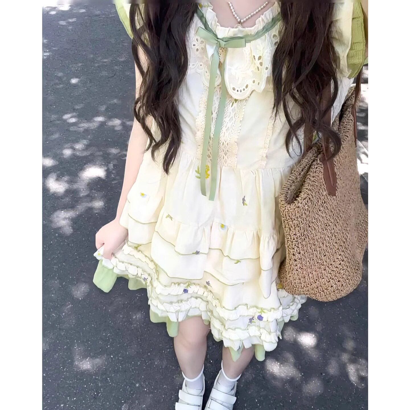 学院风小清新穿搭一整套女夏甜美花朵刺绣碎花连衣裙两件套小个子