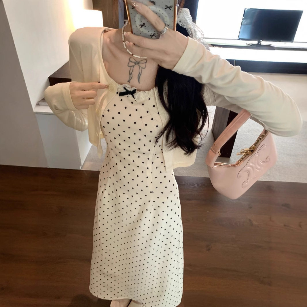 韩系波点吊带蝴蝶结连衣裙子女温柔气质2025新款早春季小个子长裙