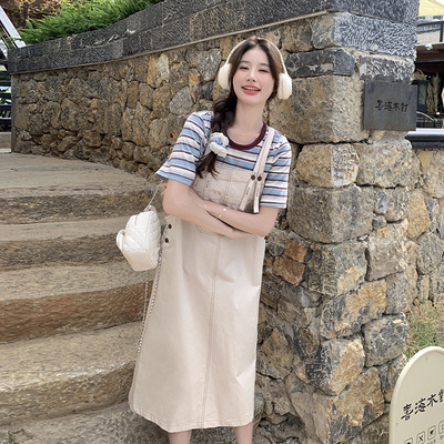 实拍米白色工装背带裙套