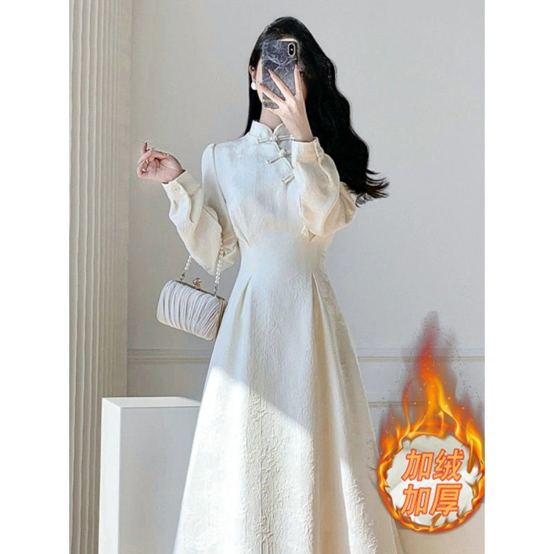秋冬新款新中式改良旗袍加绒连衣裙女国风高级感大衣内搭打底长裙