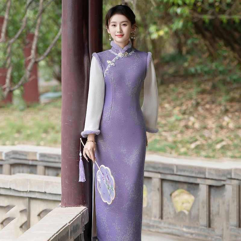 高级感紫色冬装国风中式