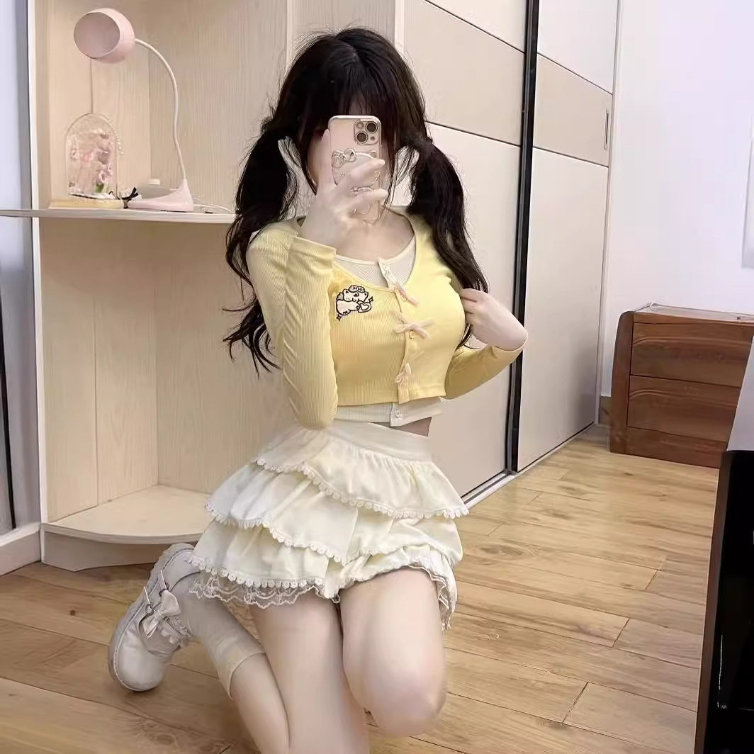 单件/套装2025春夏甜美辣妹假两件粉色长袖上衣+高腰蛋糕裙两件套