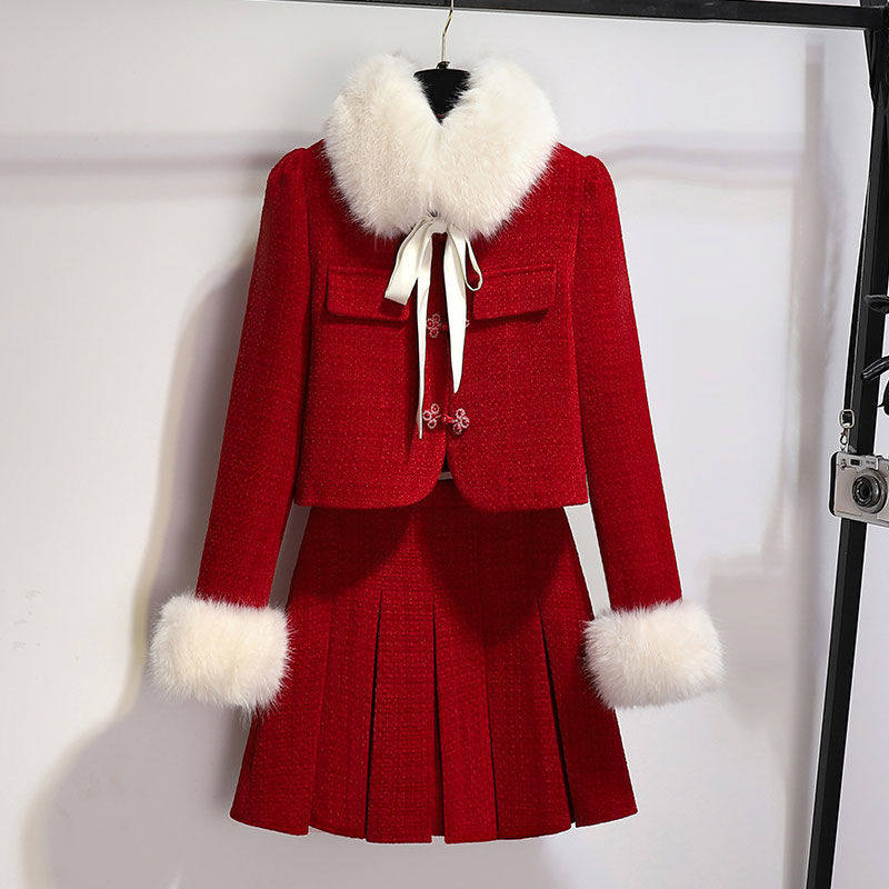 过年红色拜年服小香风套装女冬装搭配一整套新中式两件套新年战袍