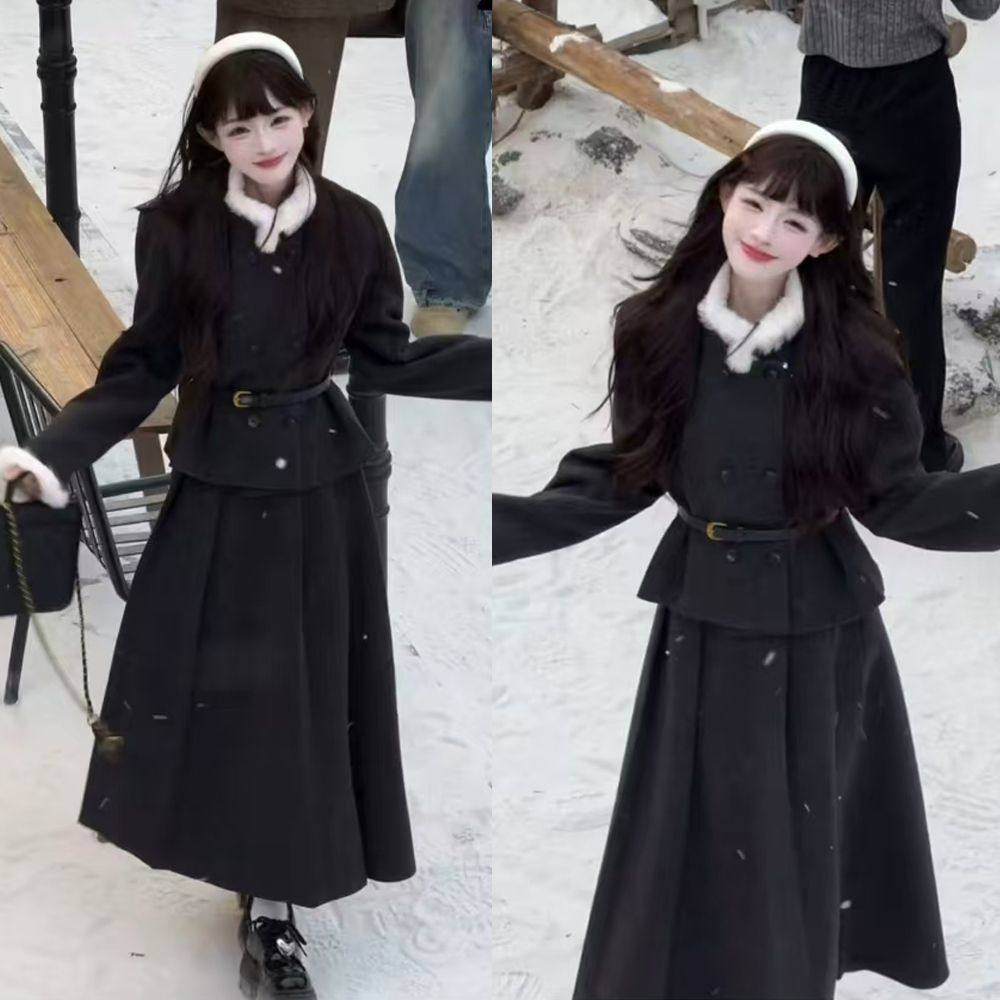 财阀大小姐 冬装新款毛呢套装韩系千金大小姐长短款半裙气质套装