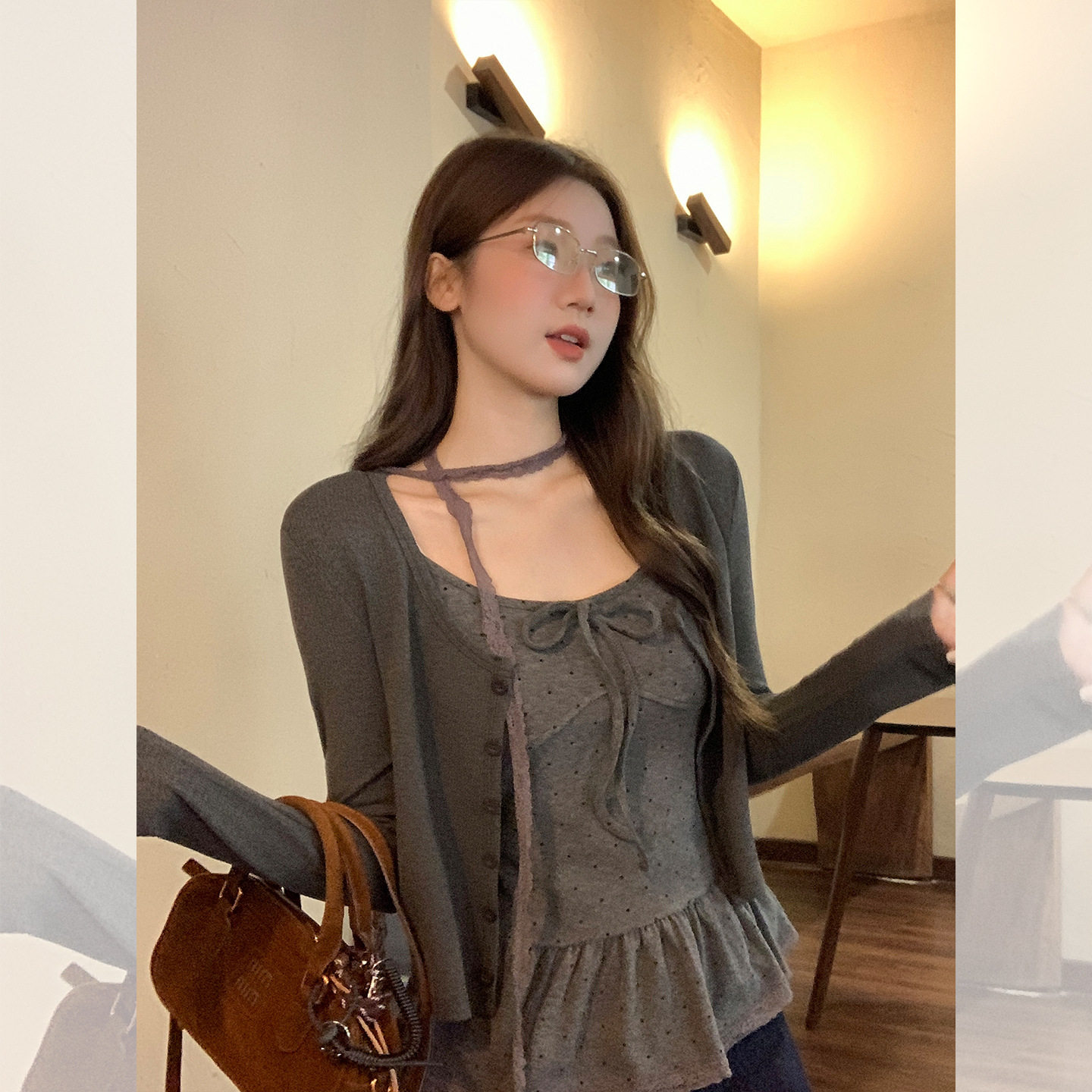 韩系深灰色针织开衫女2025秋冬季修身显瘦配波点吊带背心两件套装