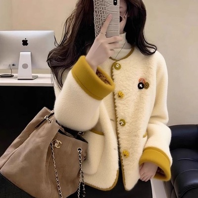 白色毛绒外套女冬季小众不撞款巨好看气质撞色小香风上衣加厚