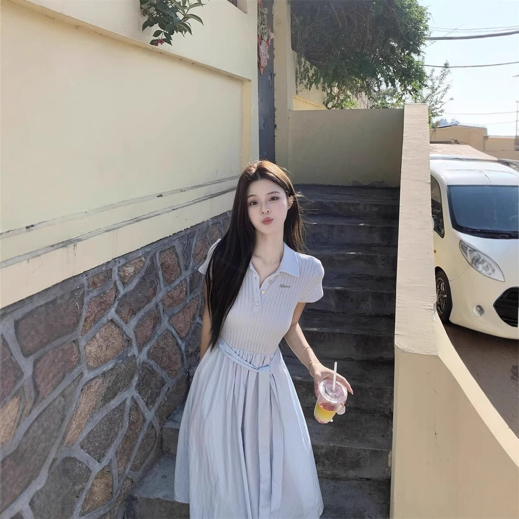 韩系POLO领绑带短袖连衣裙女夏季小众收腰独特漂亮蓝色a字长裙子
