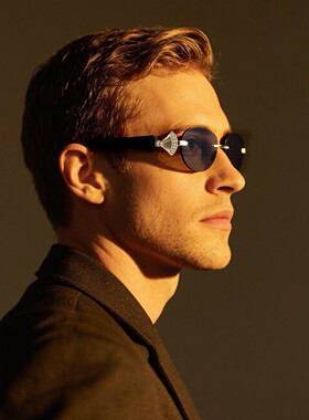 保罗雷朋官网跨境欧美风椭圆小框太阳镜金属镜腿镶钻扇形无框个性