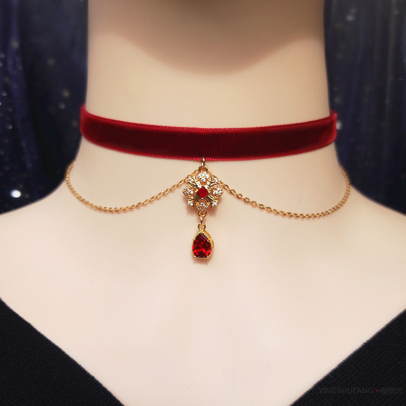 原创新年红色丝绒choker少女项链敬酒服锁骨链复古圣诞节颈链项圈