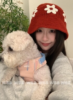 【小头专属】韩系花朵针织帽女红色帽子渔夫帽秋冬保暖手工毛线帽