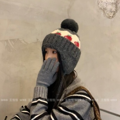 费尔岛樱桃提花针织帽加厚护耳帽