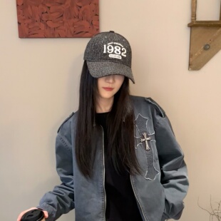 复古豹纹棒球帽割破刺绣显脸小遮阳帽子 1982数字刺绣鸭舌帽女美式