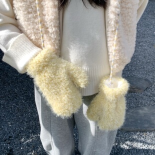 【毛茸茸】可爱挂脖手套加厚慵懒日韩风连指手套女秋冬加绒保暖